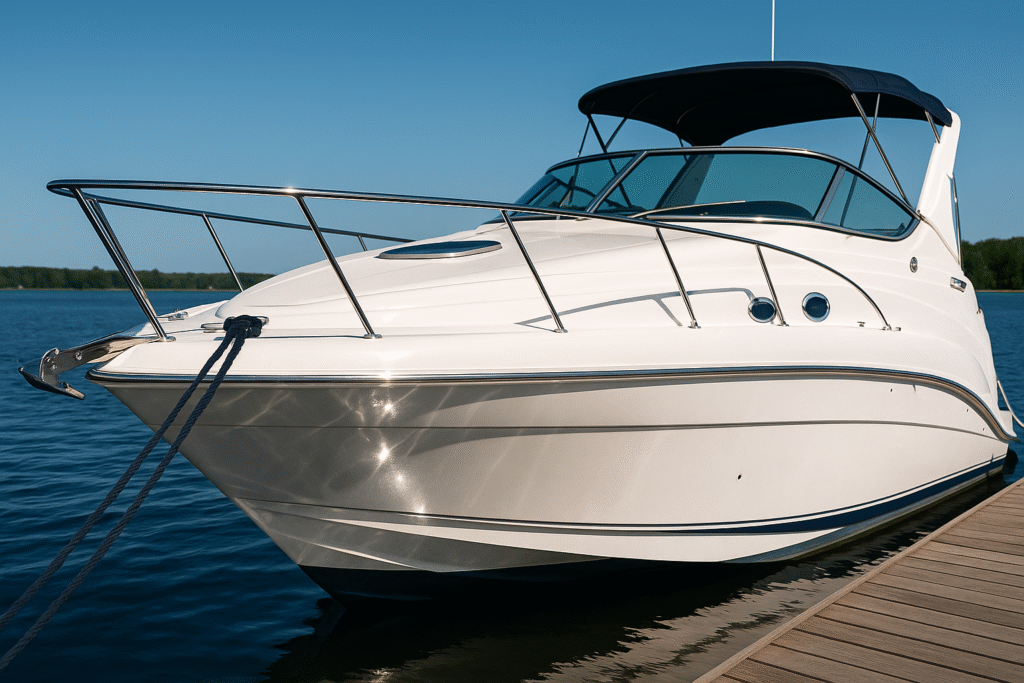 Lśniący kadłub jachtu po detailingu w Serocku