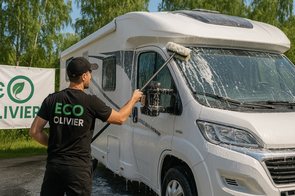 Pracownik Eco Olivier podczas mycia kampera w Serocku