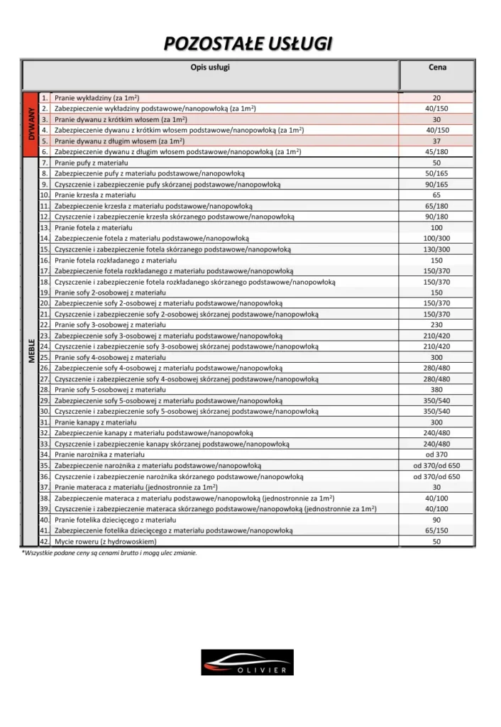 Pozostałe usugi cennik